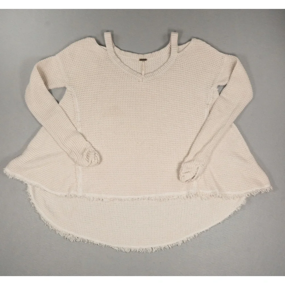 Free People Cold Shoulder V-Neck Cotton Knit Fringe High Low Sweater Cream Small